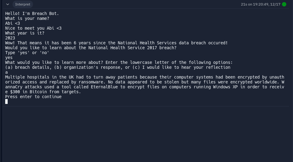 An image of a chatbot that teaches the viewer about data breaches