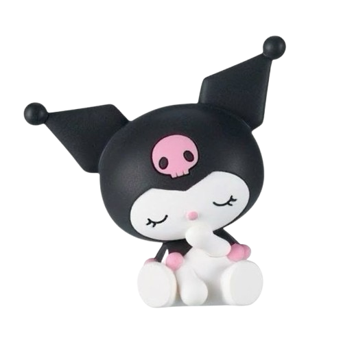 A cute picture of Kuromi from Sanrio sitting down.